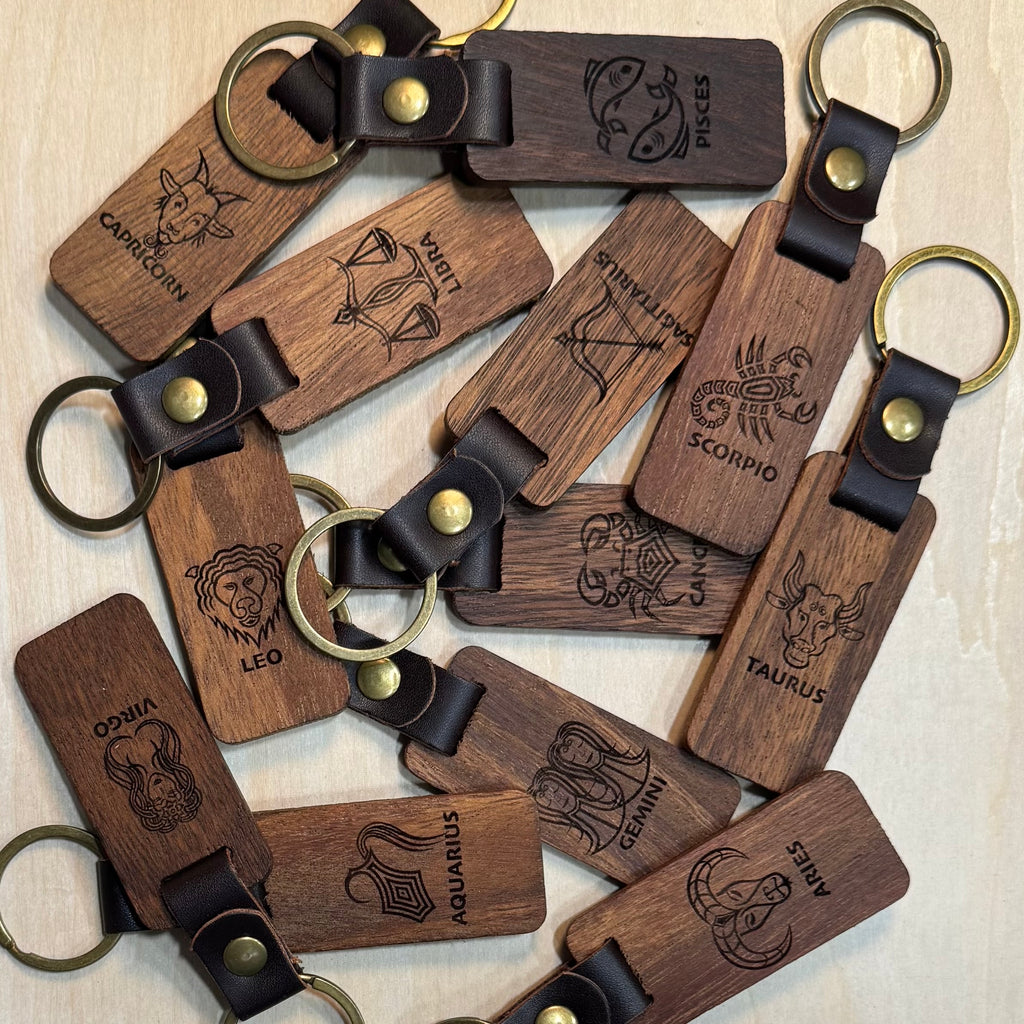 Zodiac Wood and Leather Keychains