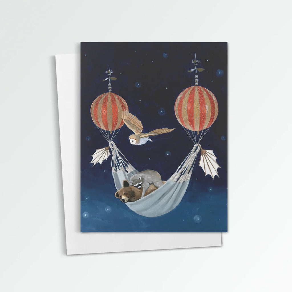 Flying Machine with Animals in a Hammock Greeting Card