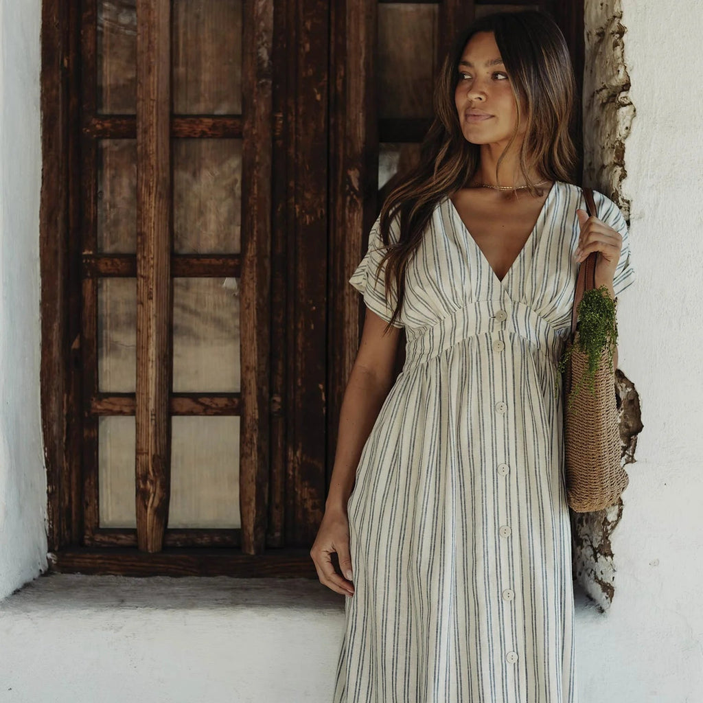 Freshwater Deep V Button Thru Dress | Vintage Blue Stripe