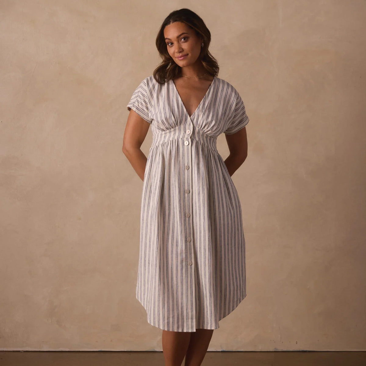 V Button Freshwater Deep V Button Thru Dress | Vintage Blue Stripe