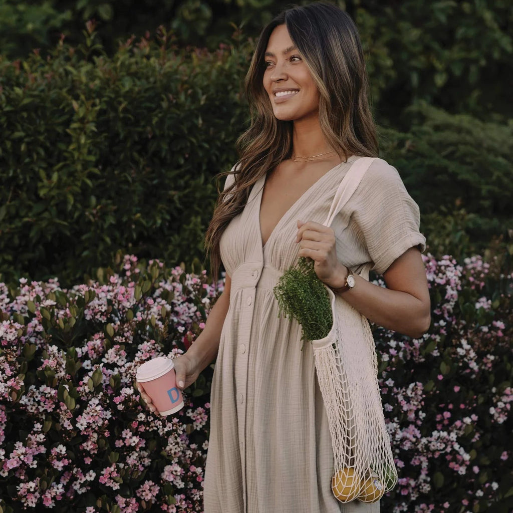 Kalo Guaze Deep V Button Thru Dress | Pumice