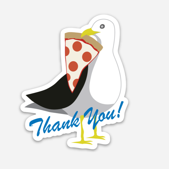 Seagull Stealing Pizza Thanks Sticker